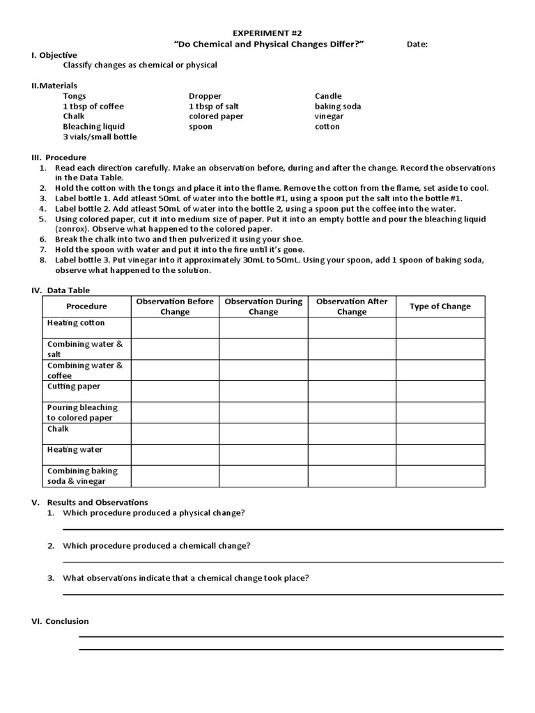 PhysicalChemical Change Experiment PDF