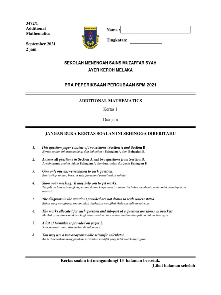 Pra Trial SPM F5 Add Maths MOZAC 2021paper 1 PDF