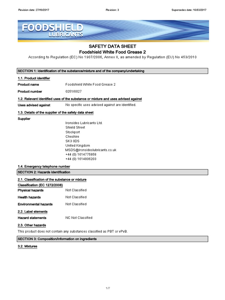 Foodshield White Food Grease 2 SDS | PDF | Dangerous Goods | Toxicity
