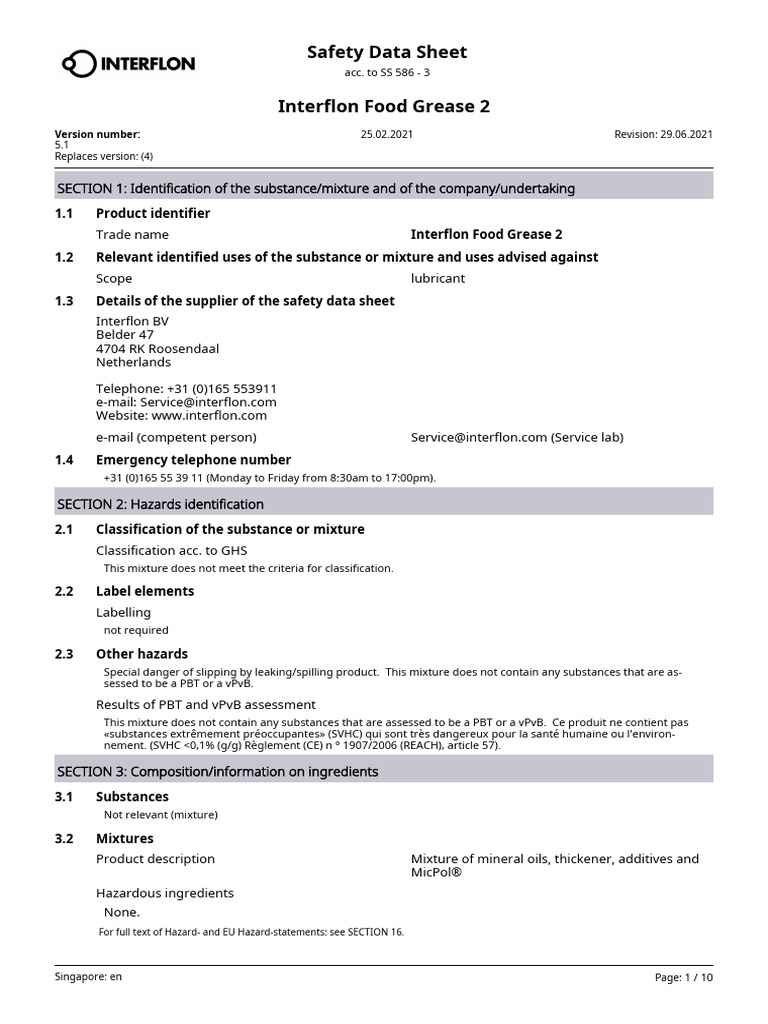 SDS Interflon Food Grease 2 SG en PDF