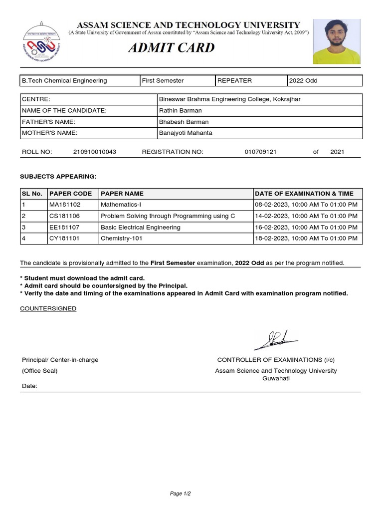 B.Tech Chem Engg Exam Admit Card | PDF