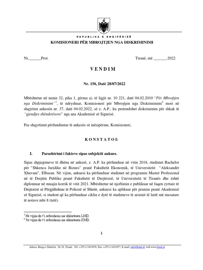 Vendim Nr. 156 Date 28.07.2022 A.P. Kunder Akademise Se Sigurise ...