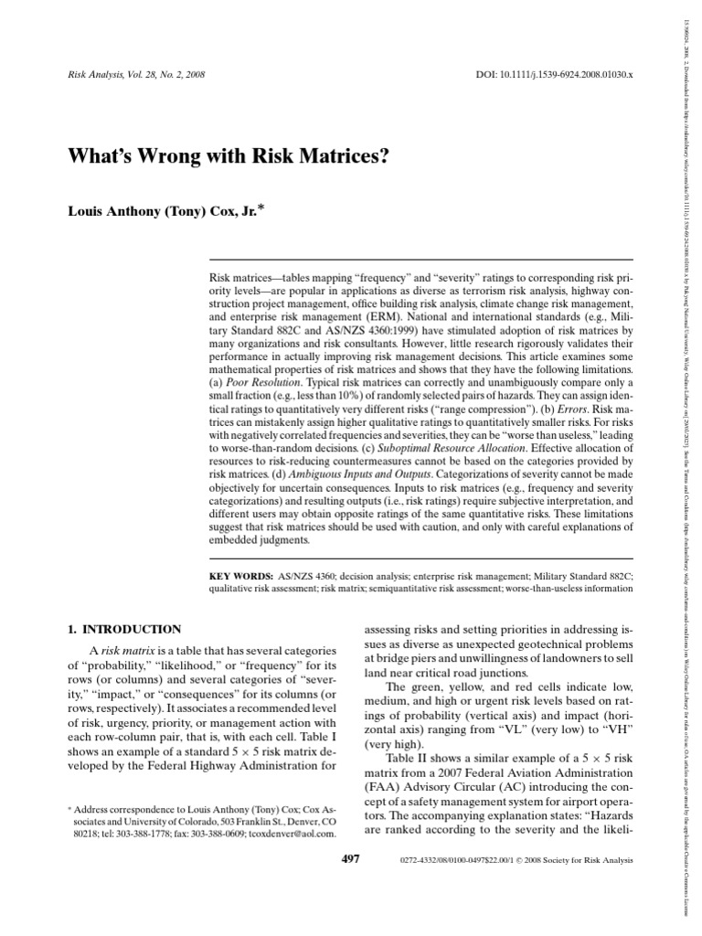 Risk Analysis - 2008 - Anthony Tony Cox - What S Wrong With Risk ...