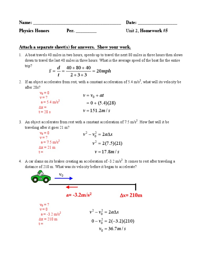 Physics Honors Unit 2 Homework #5: Calculating Velocities ...