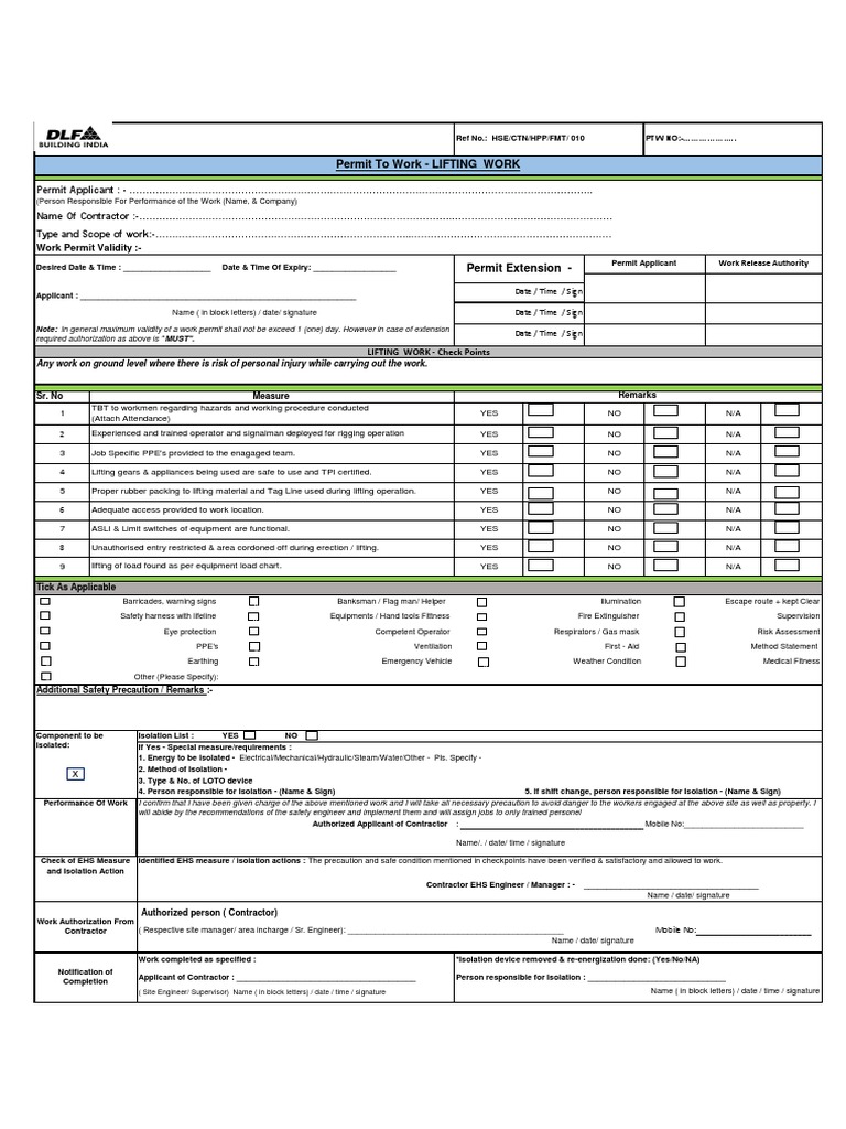 Lifting Work Permit PDF Personal Protective Equipment