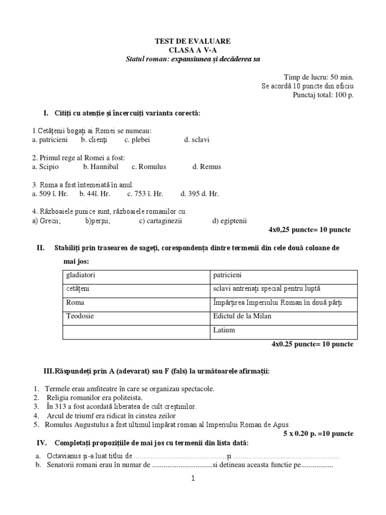 Test Docimologic Lumea Romana | PDF