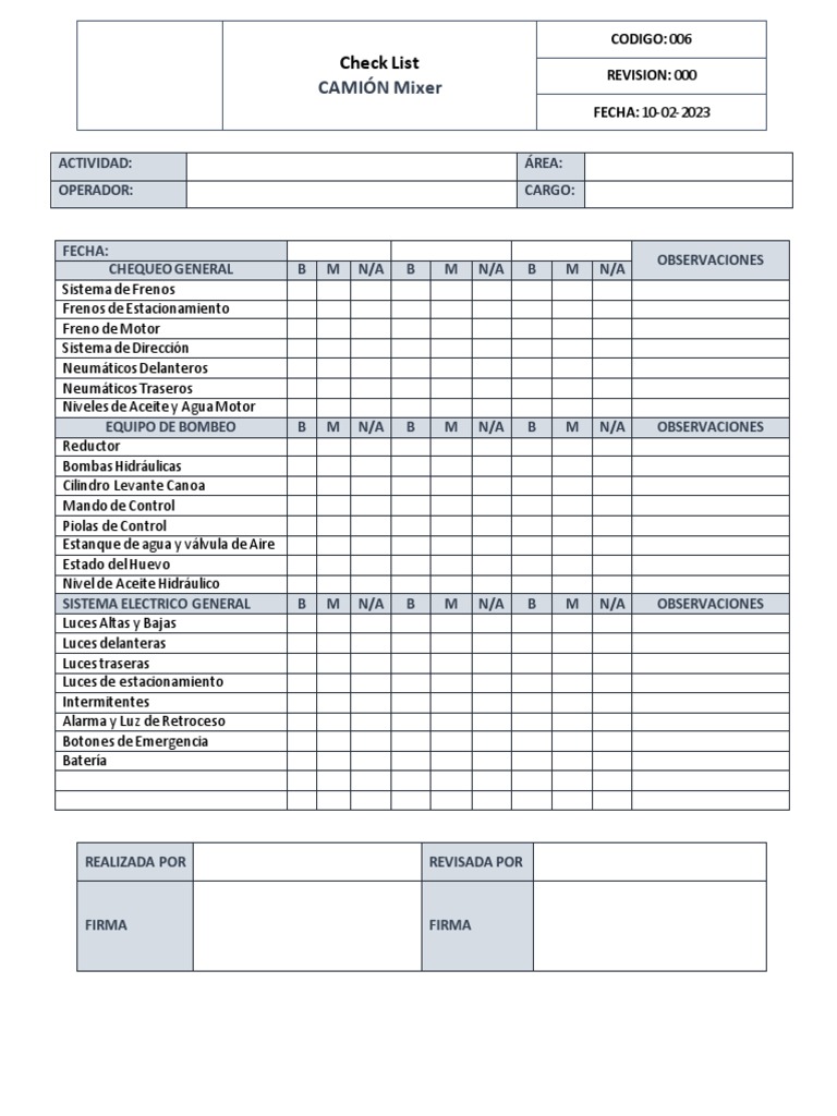 Check List - Camion Mixer | PDF