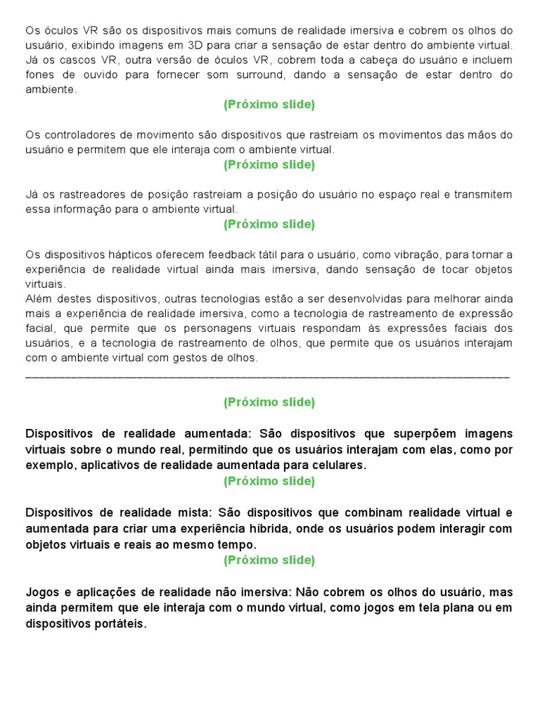 Dispositivos de Realidade Virtual e Aumentada | PDF | Realidade virtual ...