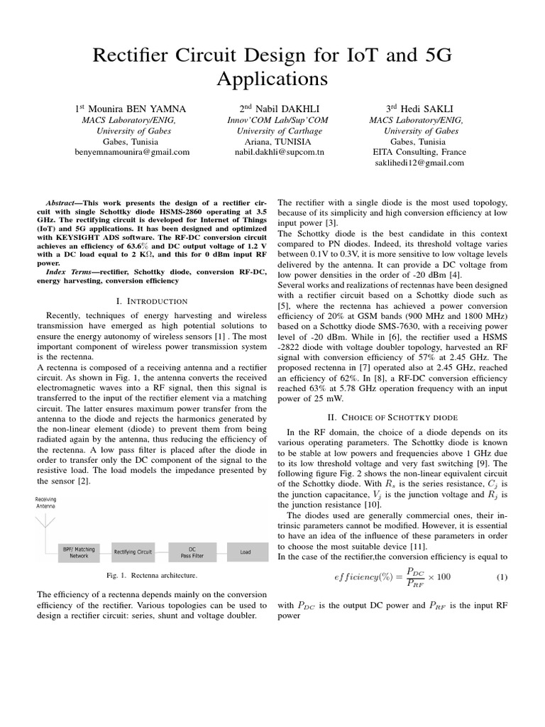 Rectifier Circuit Design For Iot And 5G Applications 1 Mounira Ben 