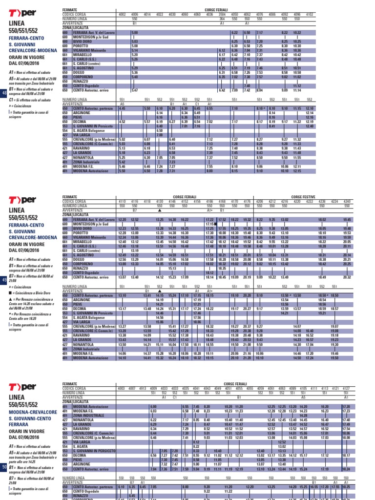 TPER Linee 550 551 552 Ferrara Cento San Giovanni in Persiceto Crevalcore  Modena Orari in Vigore Dal 07.06.16 | PDF, image size:768x1024