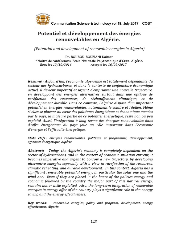 Potentiel des énergies renouvelables en Algérie | PDF | Énergie ...