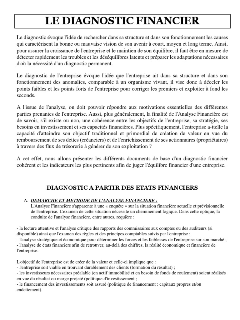 Diagnostic Financier : Méthodes et Objectifs | PDF | Investir | Business