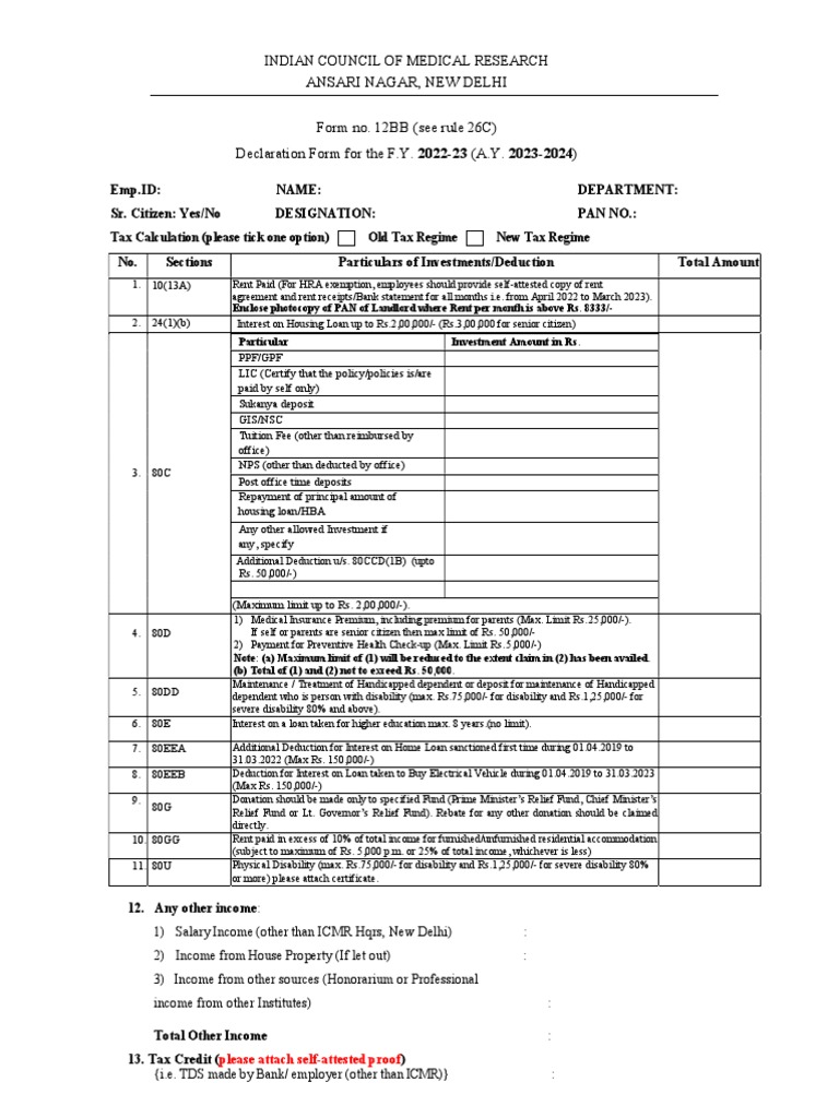 Declaration Form 12BB 2022 23 | PDF | Income Tax | Taxes
