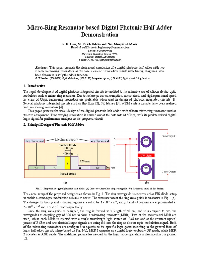 Micro-Ring Resonator Based Digital Photonic Half Adder Demonstration ...