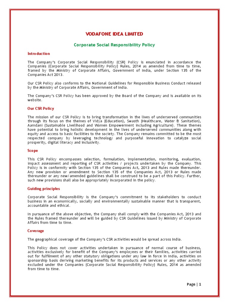 Vodafone CSR Policy Overview | PDF | Corporate Social Responsibility ...