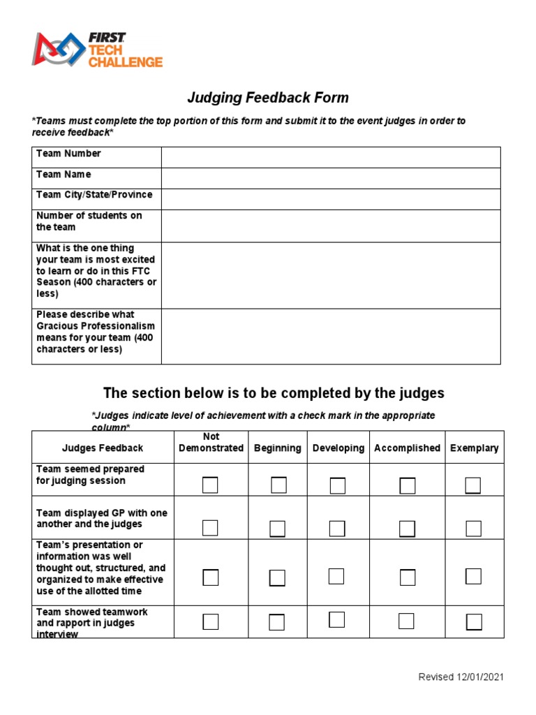 FTC Judging Feedback Form | PDF