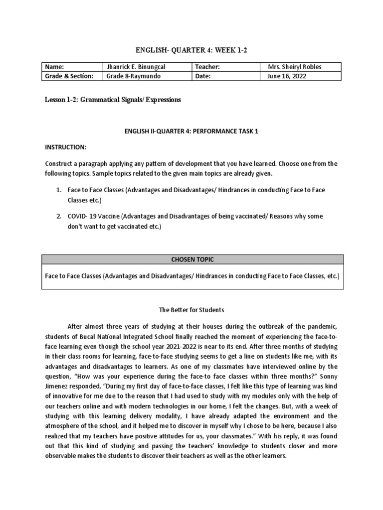 English Performance Task 1 - Quarter 4 | PDF | Learning | Linguistics