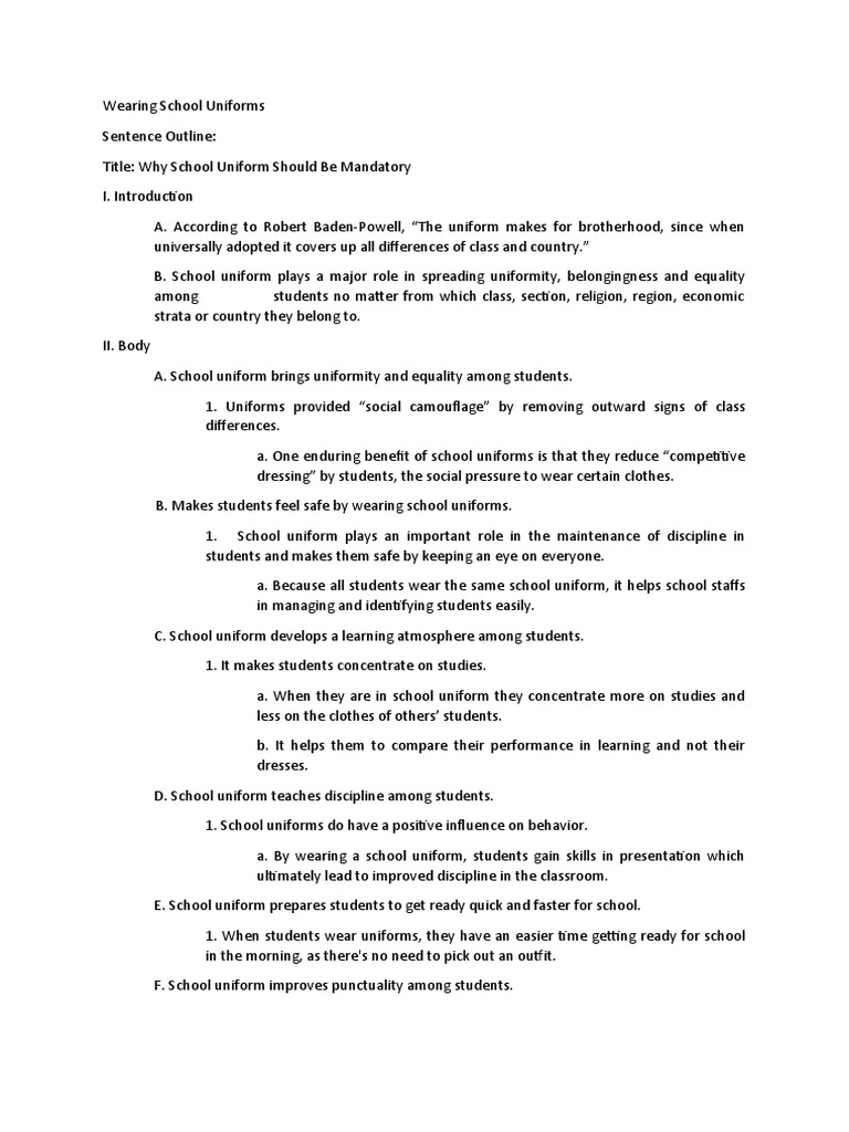 Sentence Outline in Wearing School Uniforms PDF Cognition Learning