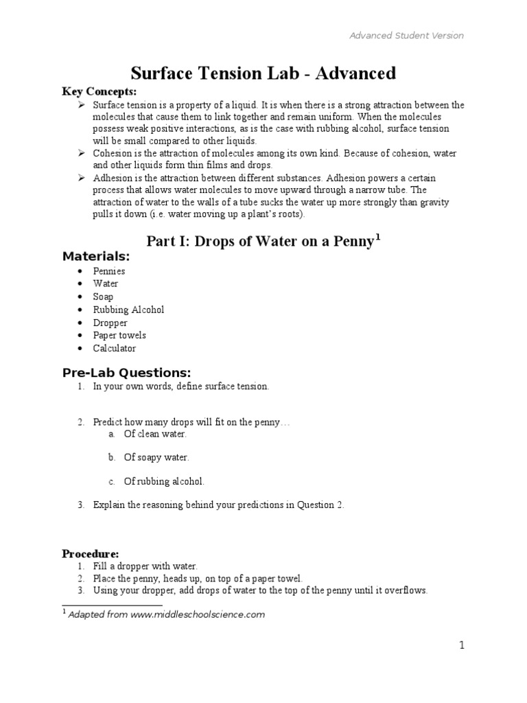 Surface Tension Lab Advanced Version PDF Properties Of Water