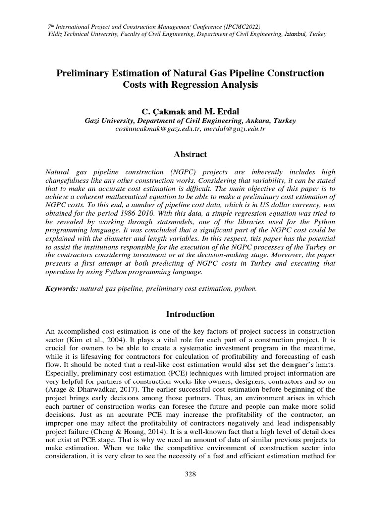 Preliminary Estimation of Natural Gas Pipeline Construction Costs With