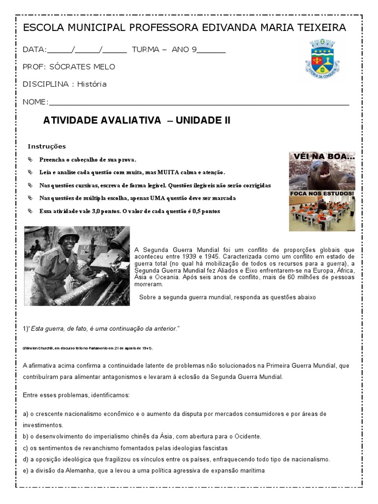 Atividade avaliativa sobre a Segunda Guerra Mundial | PDF
