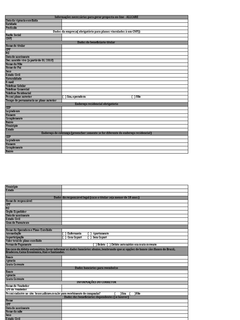 Formulario de Dados Dos Beneficiarios Allcare PDF Conta de