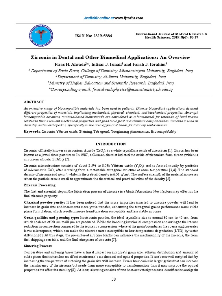 Zirconia in Dental and Other Biomedical Applications An Overview | PDF ...