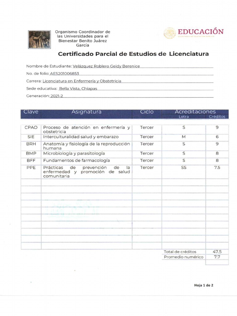 Certificado Parcial de Estudios de Licenciatura 2021-2 | PDF