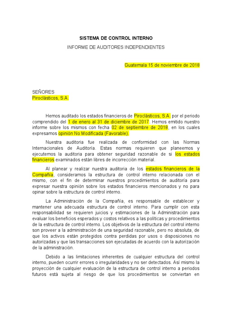 Carta A La Gerencia - Informe Control Interno | PDF | Auditoría | Business