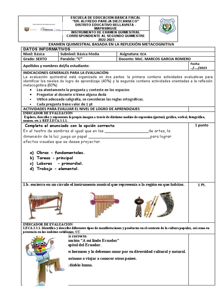 Examen Quimestral ECA Sexto Grado | PDF | Evaluación | Educación primaria
