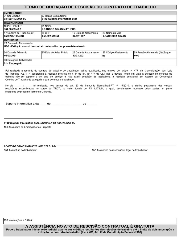 Termo de Quitacao de Contrato de Trabalho | PDF | Lei e economia ...