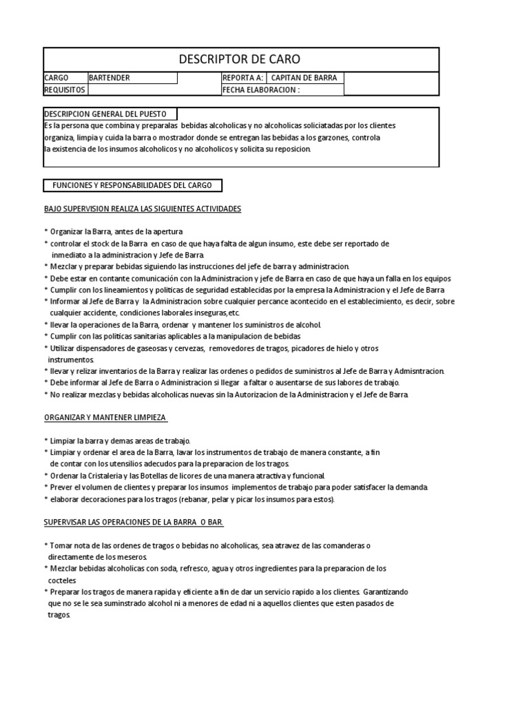 Descripción del Puesto de Bartender | PDF | Bebida