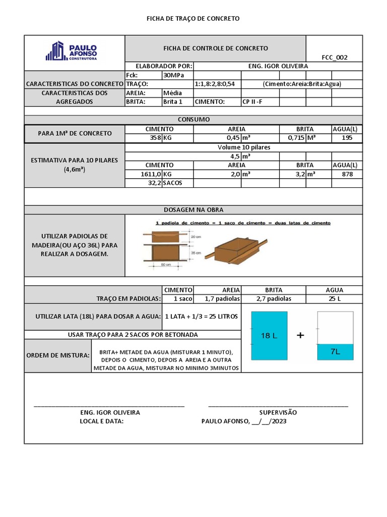 Ficha de Traço de Concreto para Pilares | PDF