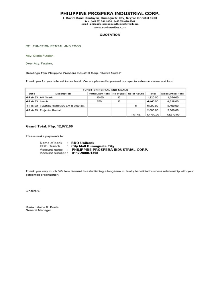Function Rental Quotation Summary | PDF | Home & Garden
