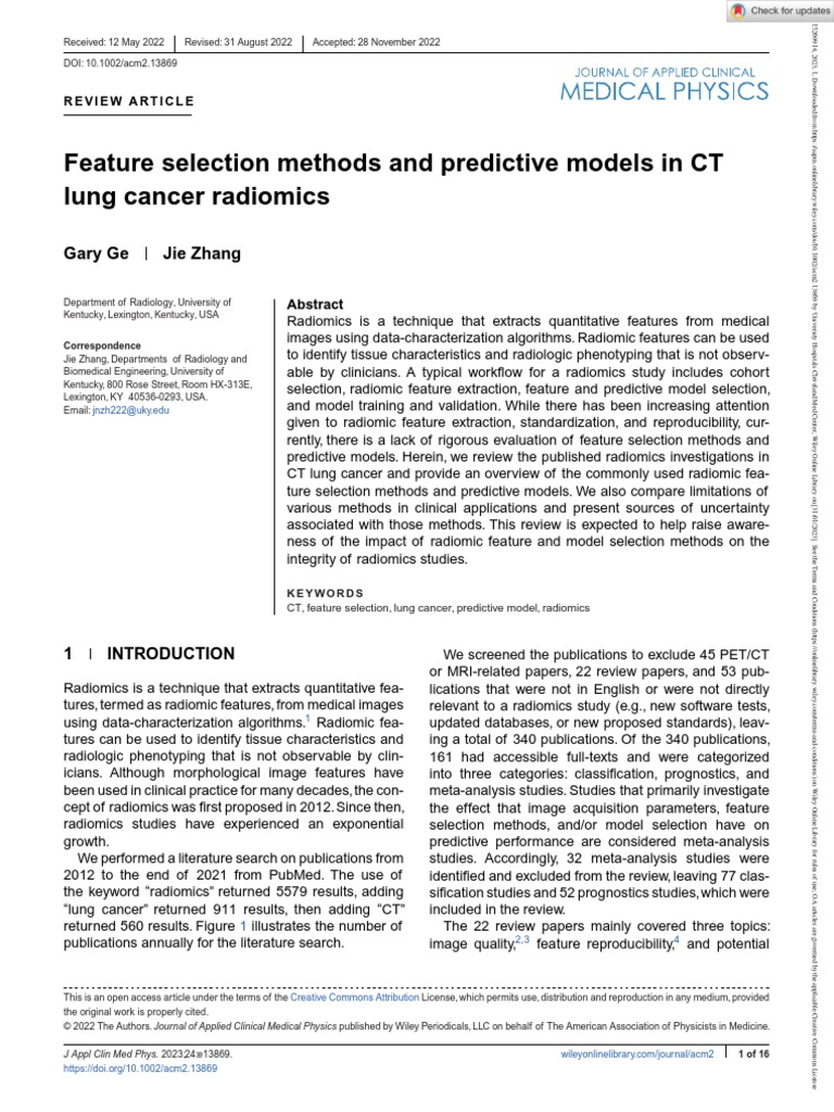 J Applied Clin Med Phys 2022 Ge Feature Selection Methods and