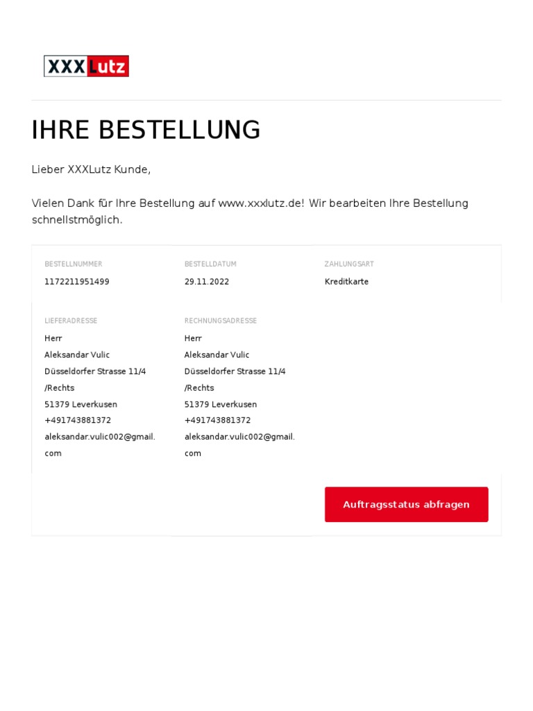 Ihre Bestellung: Lieber Xxxlutz Kunde