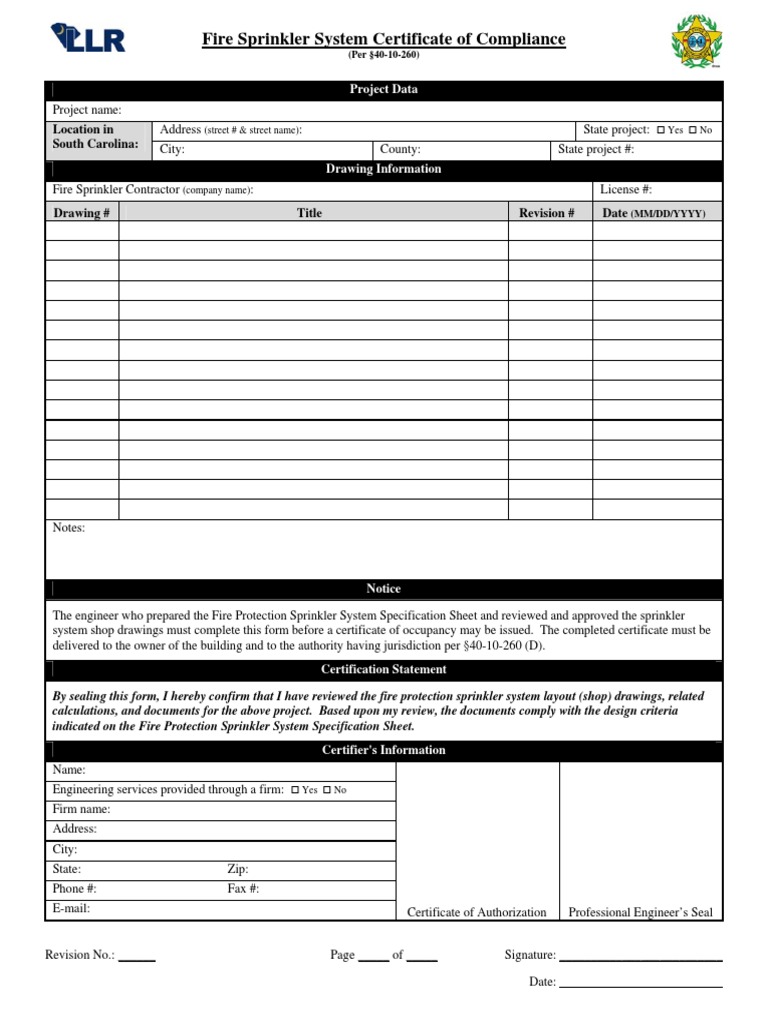 SprinklerSystemCertificateComplianc Form | PDF