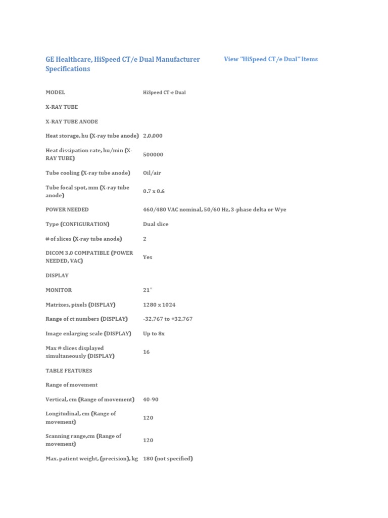 GE HiSpeed CT/e Dual Specifications | PDF | Ct Scan | Vacuum Tube