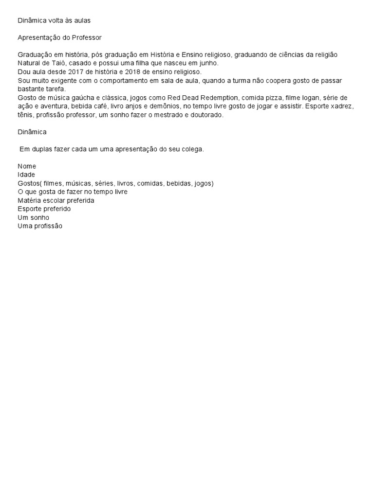 Dinâmica Volta às Aulas Pdf