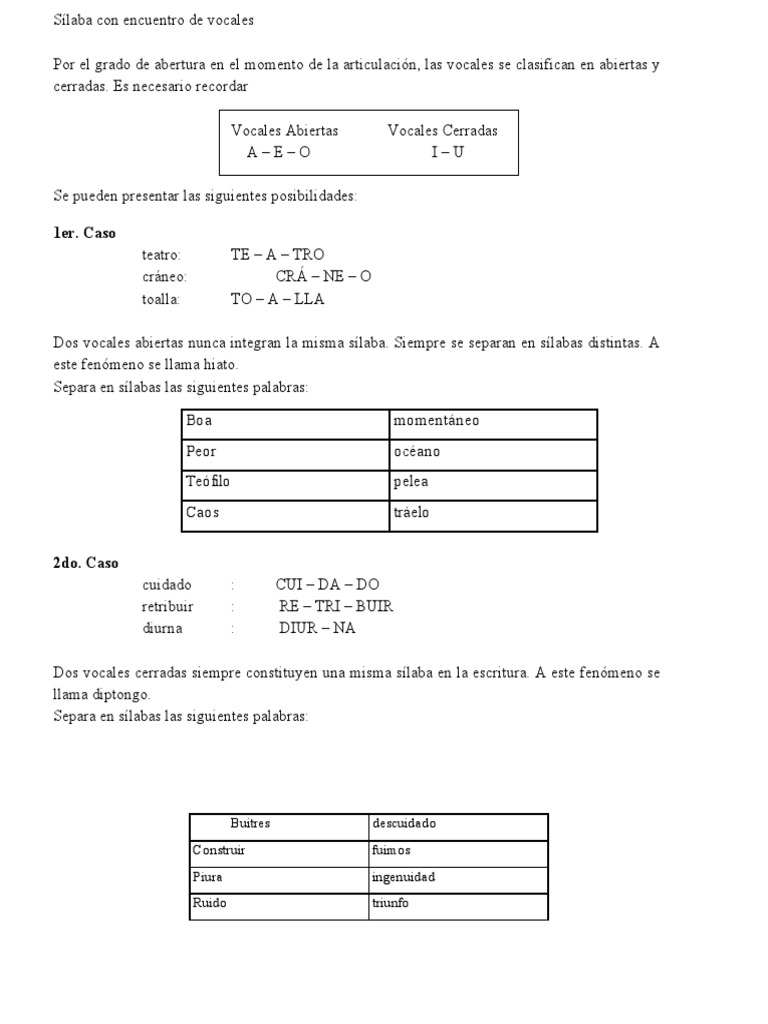 Sílaba Con Encuentro de Vocales | PDF | Sílaba | Vocal