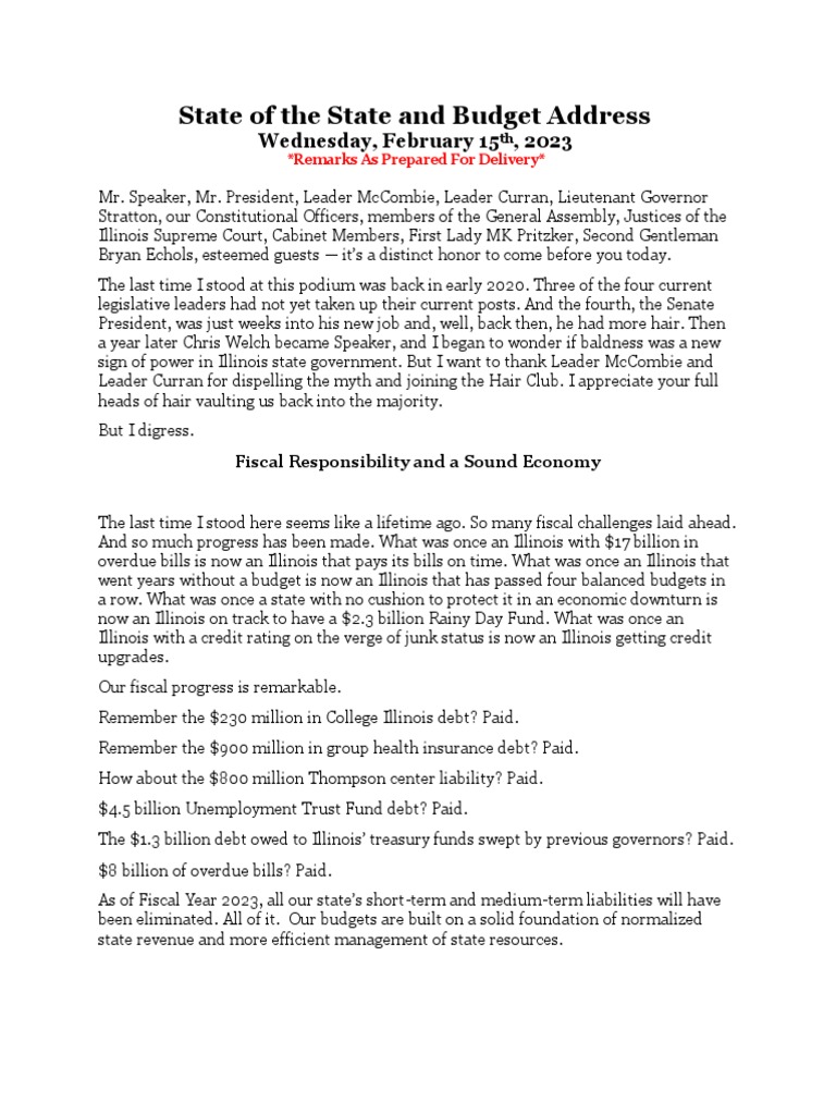 Gov. Pritzker Fiscal 2024 State of The State and Budget Address PDF