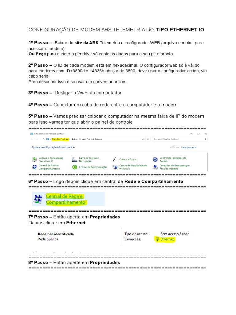Configuração de Modem Abs Telemetria Do Tipo Ethernet Io | PDF ...