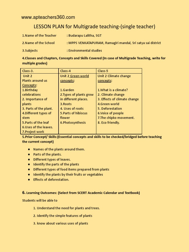 LESSON PLAN - 2 For Multigrade Teaching - (3,4,5) | PDF | Plants | Leaf