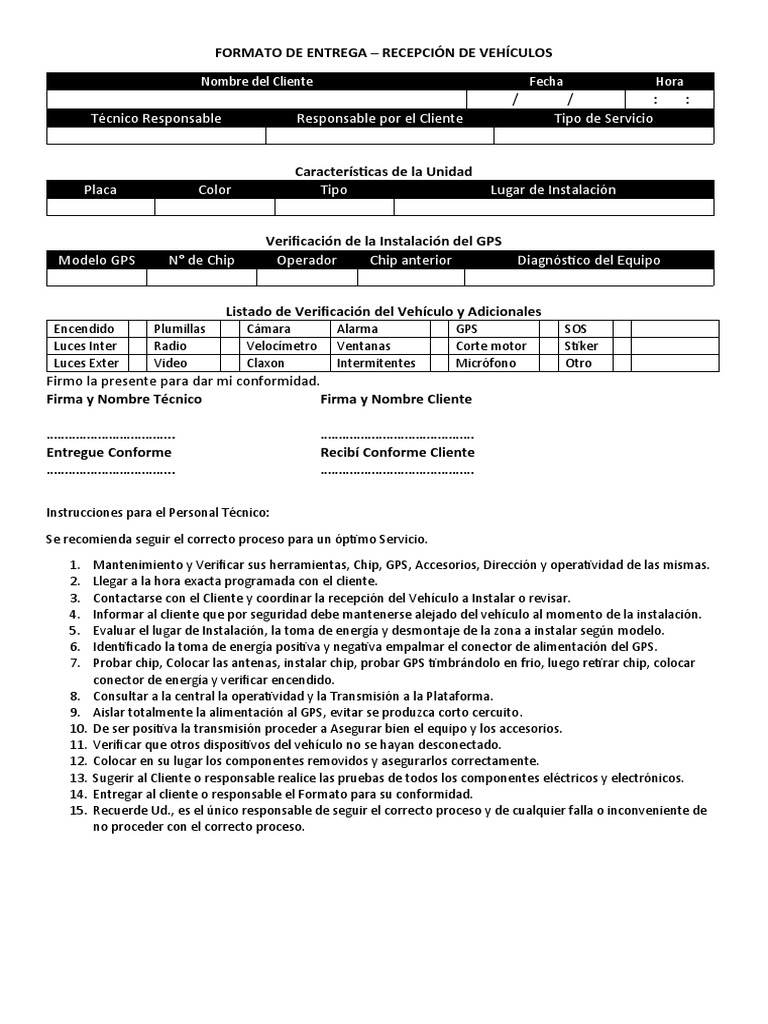 Formato de entrega-recepción de vehículos para instalación y ...