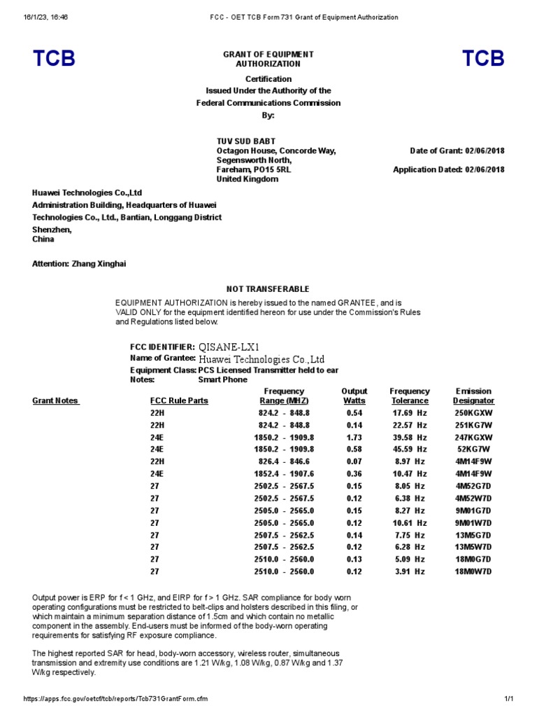 FCC OET TCB Form 731 Grant of Equipment Authorization (1) PDF