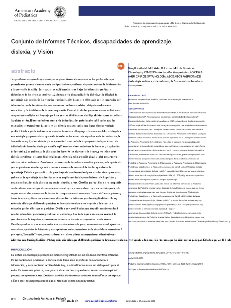 Discapacidades De Aprendizaje Dislexia Y Visión Pdf