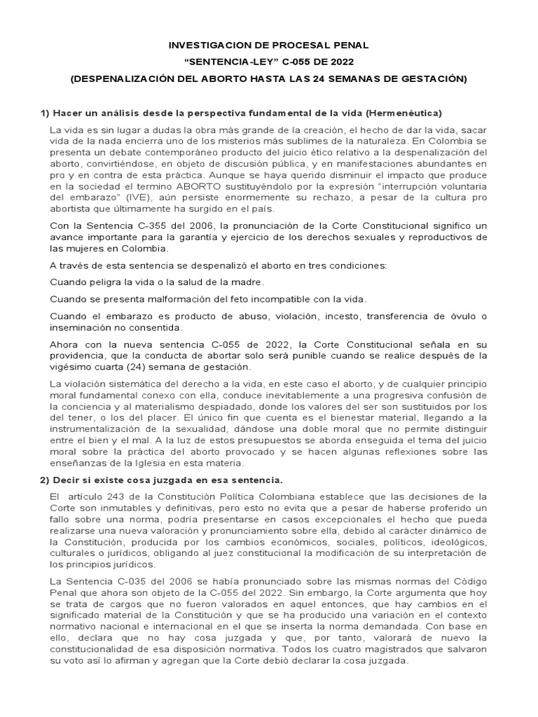 Analisis Sentencia C55 de 2022 | Descargar gratis PDF | Aborto | El