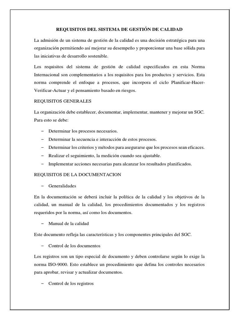 Requisitos para El Sistema de Gestion de Calidad | PDF | Sistema de ...