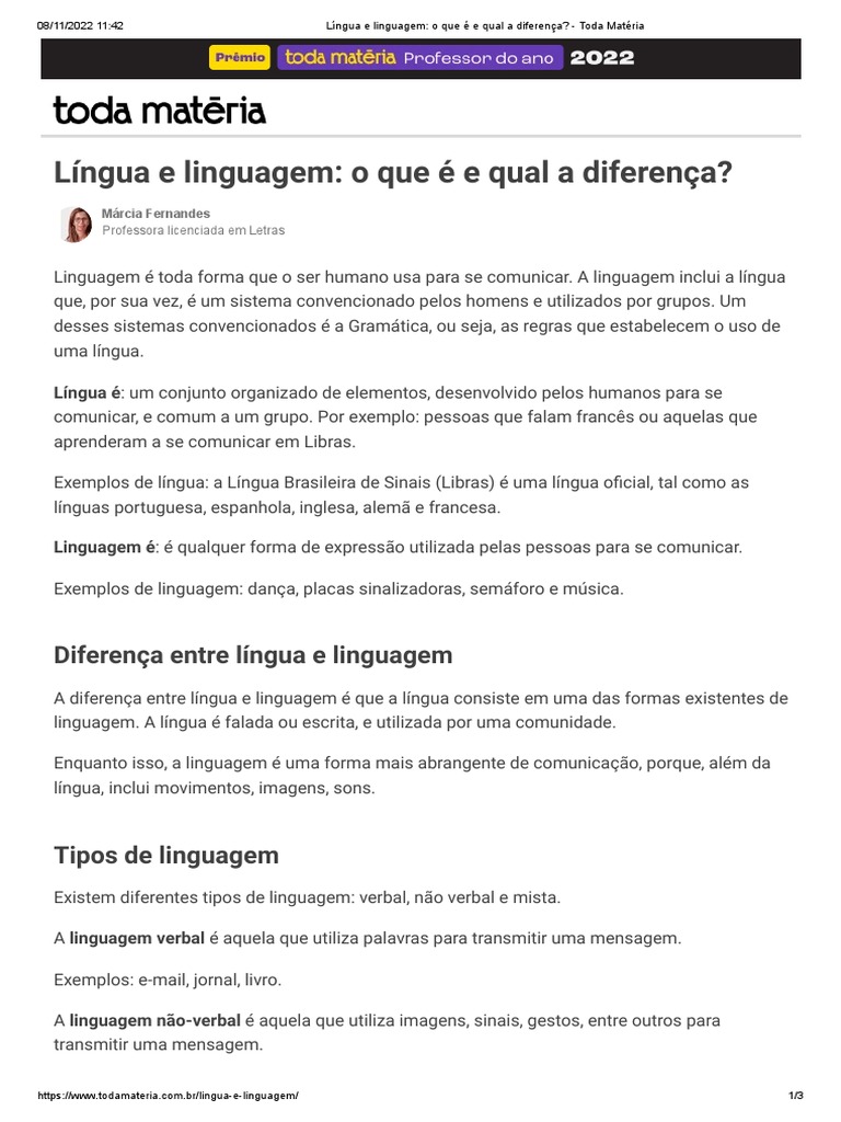 Língua e Linguagem - o Que É e Qual A Diferença - Toda Matéria | PDF ...
