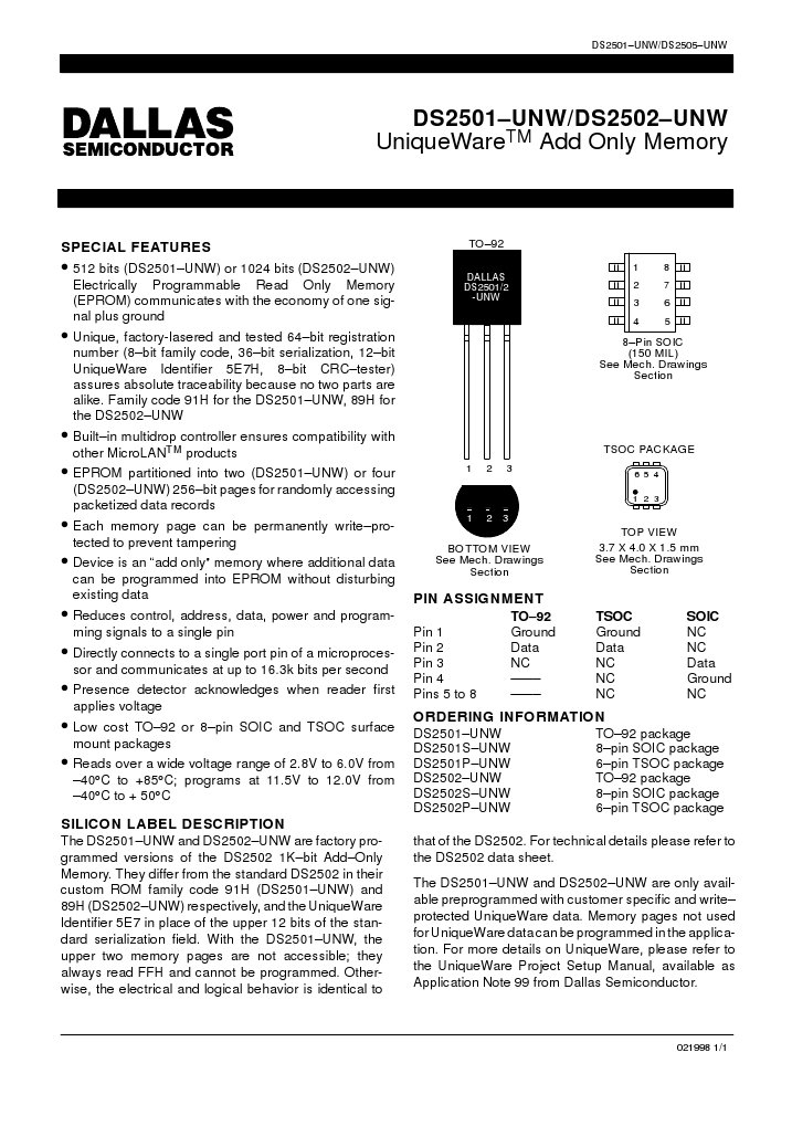 Dallas 2501 | PDF | Computer Data Storage | Bit